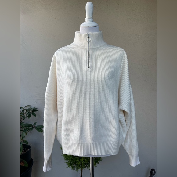 MANGO Ribbed Half-Zip Sweater - Cream White, Size L - Picture 1 of 14
